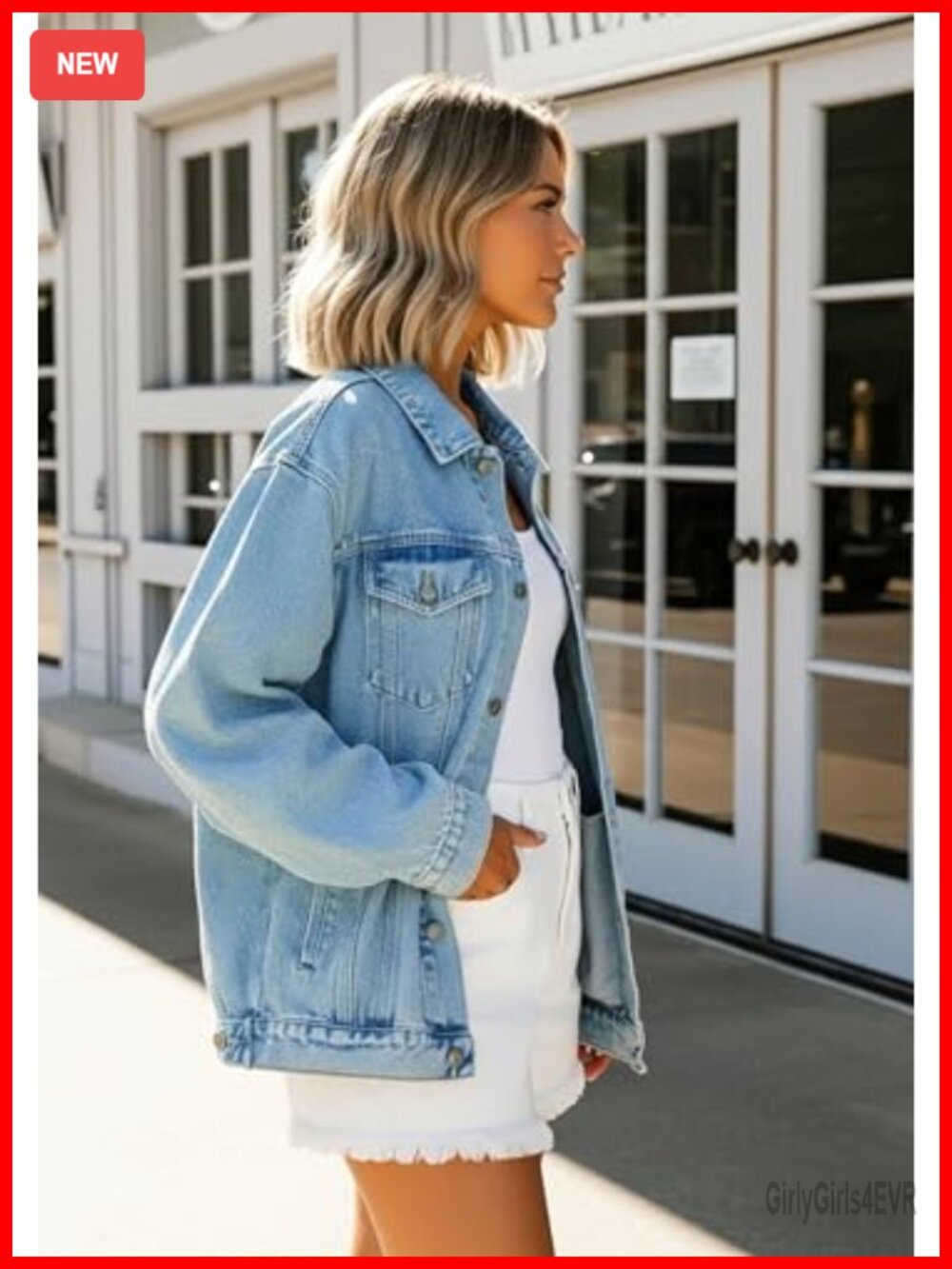 Oversized Boyfriend Denim Jacket Women Button Down Trucker Coat Drop Shoulder - Picture 2 of 6